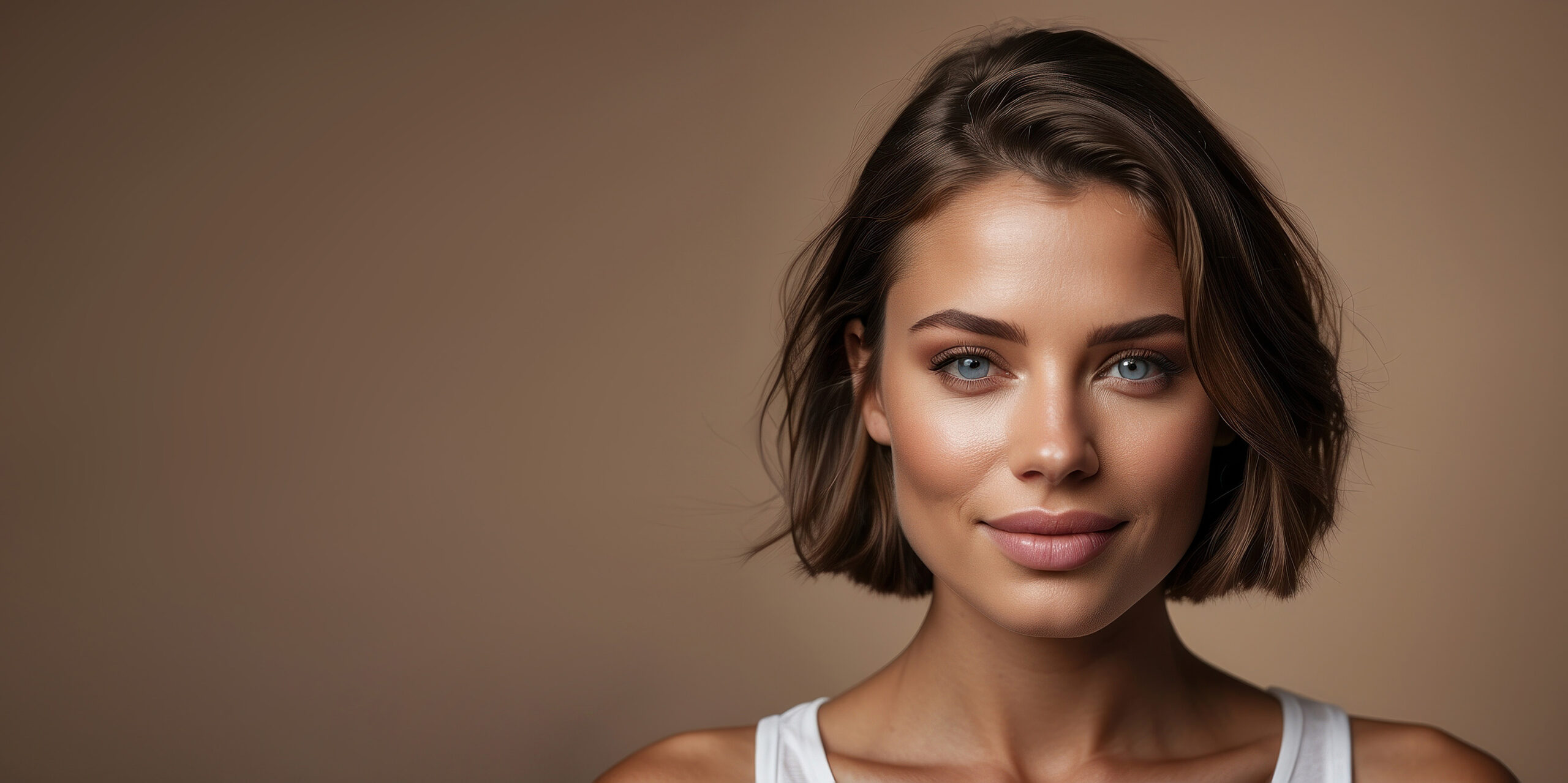 Portrait of a brown-haired young woman with natural makeup and n
