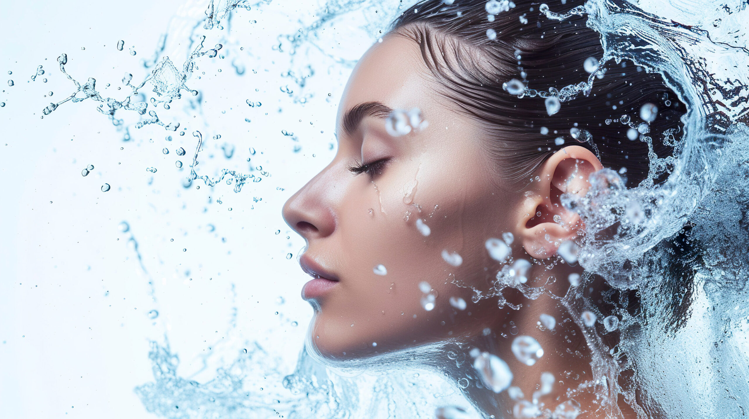 Face of a calm woman with water splashing around her harmoniousl
