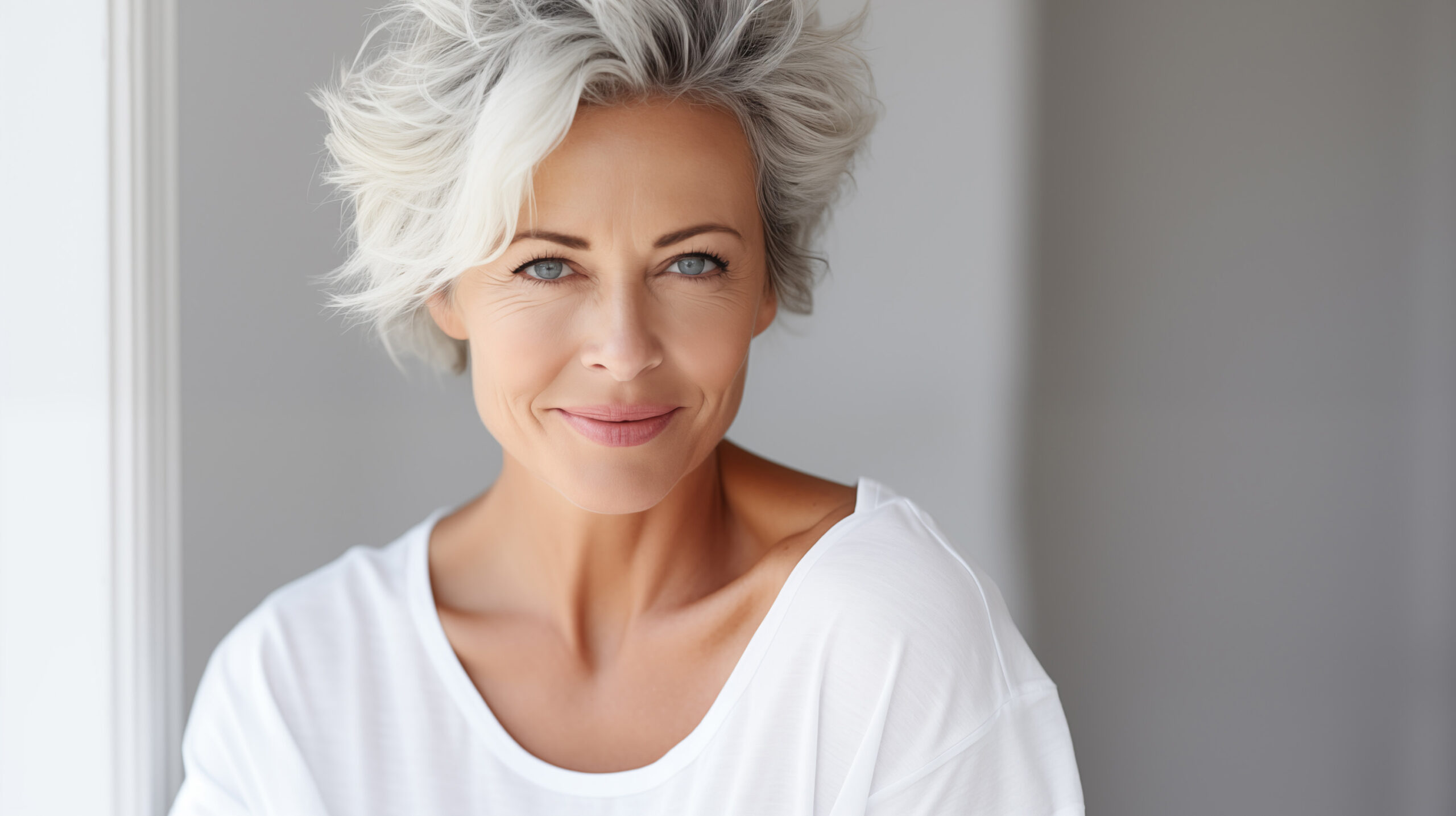Beautiful blond middle aged woman smiling face looking at camera portrait. Elegant mature lady no makeup 50 years old. Women's health, cosmetology, skin care concept